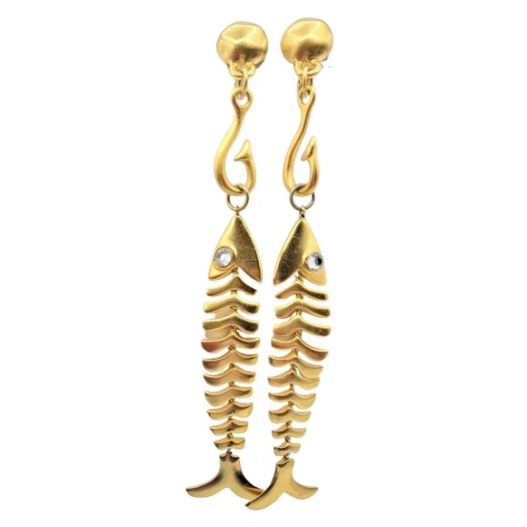 Matte Gold Tone Articulated Fish On Hook Rhinestone Eyes Clip On Earrings